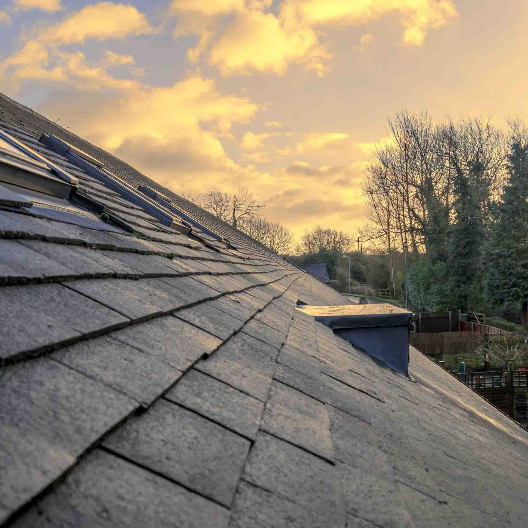 Asphalt shingle roof after a roof rejuvenation treatment, against an Indiana sunset